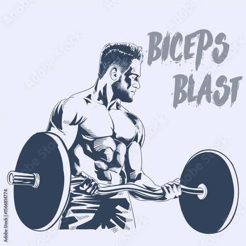 Hand Drawn Illustration of Muscular Man Performing Barbell Biceps Curl Strength Exercise