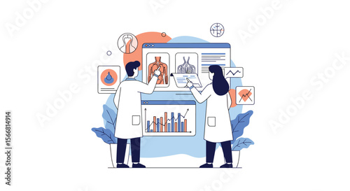 Scientific researchers analyzing medical data charts graphs visualizations on a digital screen in a modern laboratory setting exploring health trends and patient outcomes through detailed study