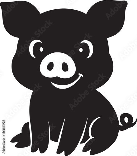 Baby pig cartoon silhouette in happy smiling pose on clean white background