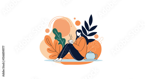 Serene woman enjoying a warm beverage surrounded by abstract shapes and botanical elements in a calming color palette