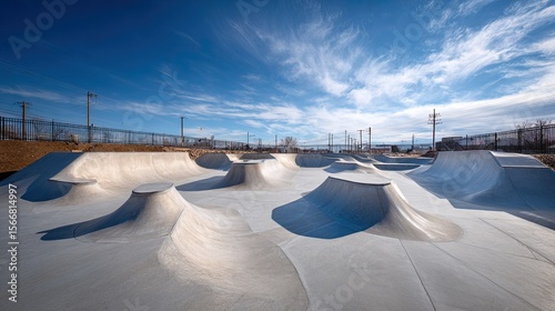 Outdoor concrete skatepark under a vibrant blue sky