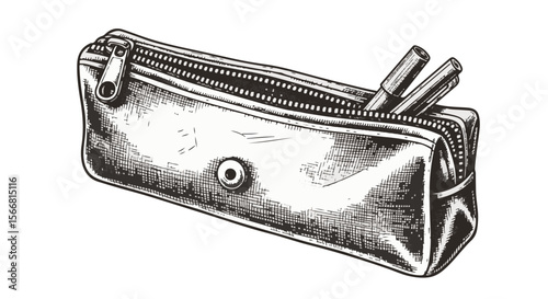 Vintage pencil case with pens lying on top in monochrome style  