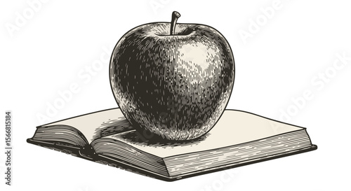 Apple resting on an open book in vintage sketch style  
