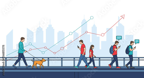 Digital connection urban life people walking with smartphones and data trends overlaying city skyline