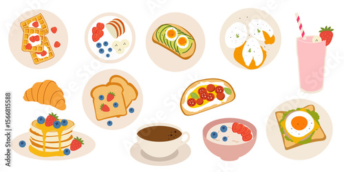 Hand drawn breakfast food illustrations. Coffee cup, poached eggs, avocado toast, croissant, pancakes, smoothie, bruschetta, waffles and cereal. Vector flat doodle illustration.