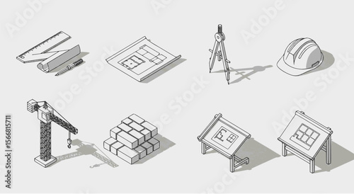 Isometric Line Drawings of Construction Tools and Equipment