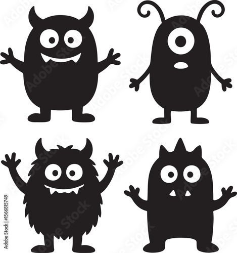 Collection of cute monster silhouettes in fun cartoon vector on white background