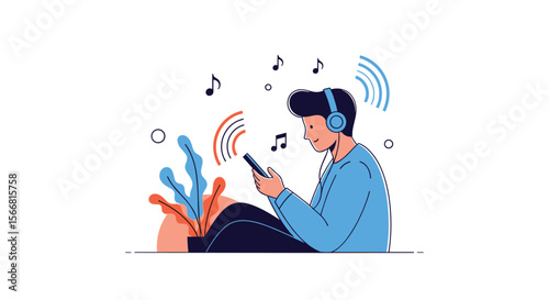 Young person enjoying music through headphones while using a smartphone surrounded by musical notes and sound waves