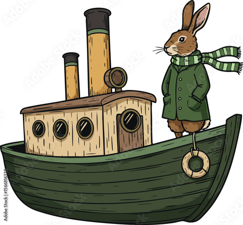 Rabbit wearing green coat and scarf standing on green wooden boat vector illustration 