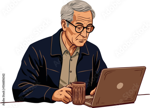 Elderly man working on laptop holding coffee cup in casual jacket vector illustration 