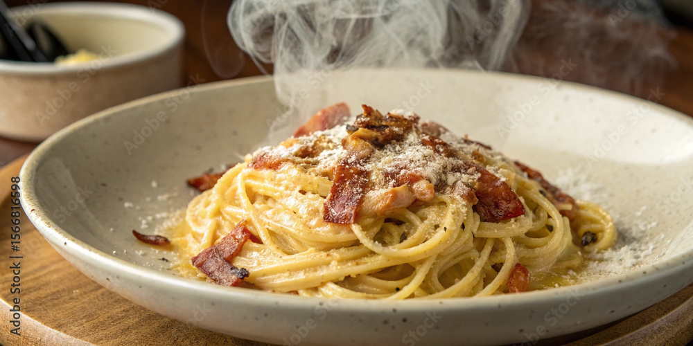 Fototapeta premium Steaming Carbonara: Creamy Pasta Perfection