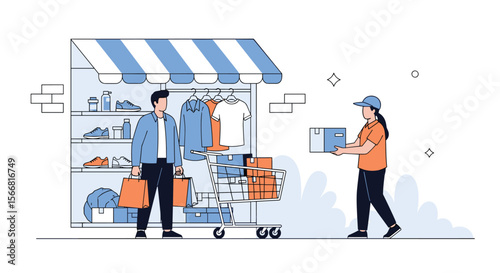 Customer receives online order from delivery person outside a retail store showcasing clothing and accessories on shelves and racks