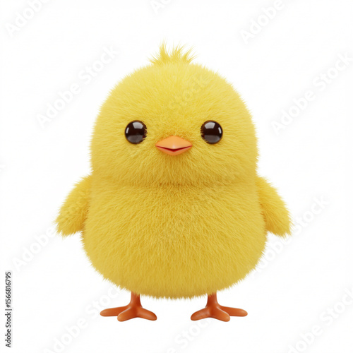 Close up of a fluffy yellow chick with big black eyes and a small orange beak standing on white background