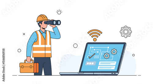Observant engineer utilizes binoculars for advanced technical inspection and digital system analysis with wireless connectivity