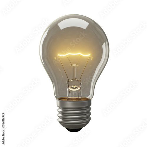 Close up of a clear light bulb with a glowing filament against a white background studio shot