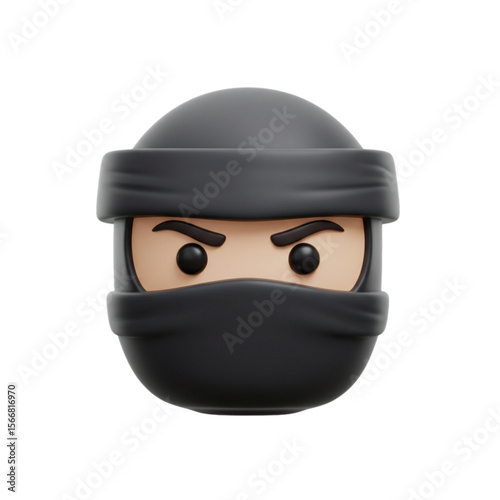 Close up of a cartoon ninja head with black mask and dark eyes on a white plain background view