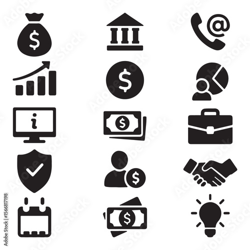 Essential Business Finance Icons in Bold Silhouette Style