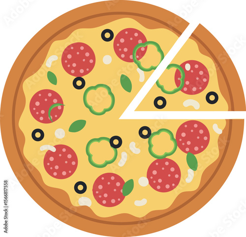 Pepperoni and vegetable pizza with sliced pieces vector illustration for food lovers 