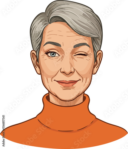 Senior woman with short grey hair winking wearing orange turtleneck vector illustration portrait 
