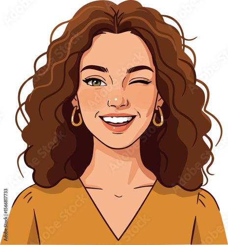Smiling woman with curly hair winking wearing yellow top and gold earrings vector illustration 