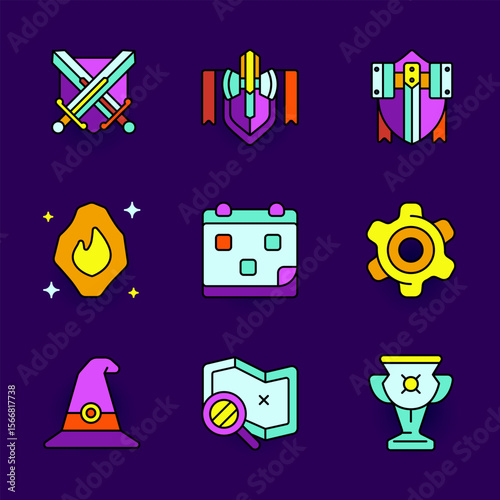 A colorful collection of fantasy RPG game icons including swords, shields, magic hat, map, gear, and trophies. Ideal for mobile game UI, fantasy adventure themes, and gaming assets