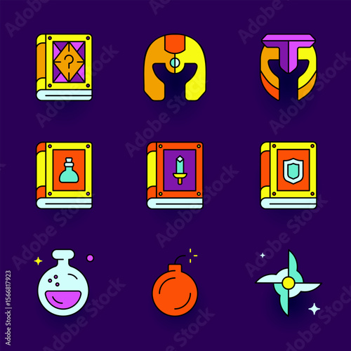 A vibrant collection of RPG-themed icons including spellbooks, helmets, potions, weapons, and magical items. Ideal for game UI, fantasy interfaces, or mobile app elements