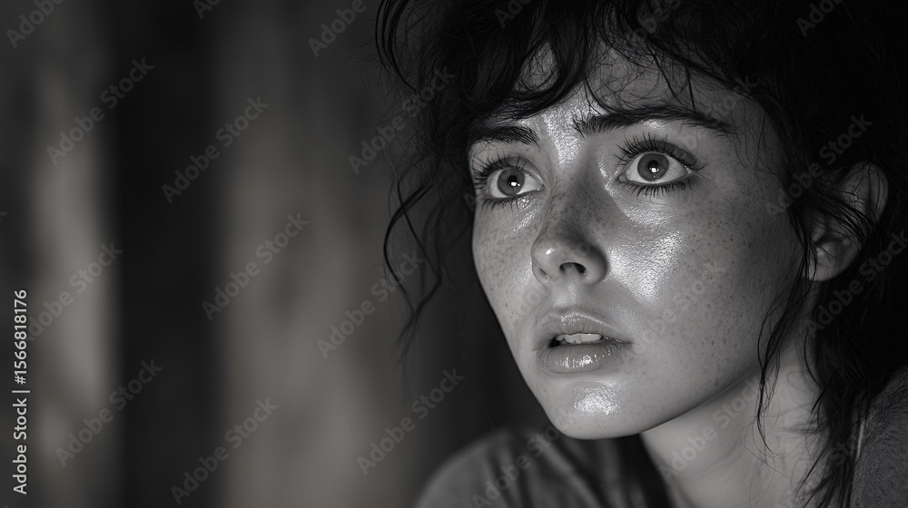 Fototapeta premium black and white close-up portrait of a young woman with freckles and wide eyes showcasing emotions in monochrome