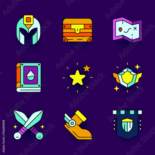 A bold icon pack featuring ranking badges, treasure chest, map, and hero gear items designed for RPG and fantasy game UI components