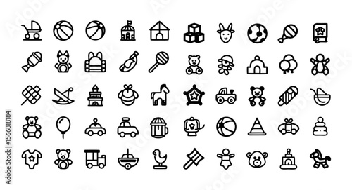 Childhood Outline Icon Set – Editable Stroke Vector Icons of Kids, Toys, Baby, Playtime, Education, Parenting, Growth, Learning, and More – Line Style Childcare and Early Development Icons