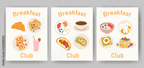 Hand drawn breakfast food poster collection. Croissant, smoothie, avocado toast, poached eggs, pancakes, coffee, cereal bowl, waffles, and fruit. Cute healthy morning meal illustration.