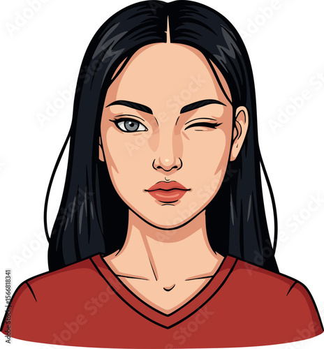 Young woman with long black hair winking in red shirt vector illustration portrait 