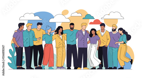 Diverse group of people standing together embracing friendship and community spirit in casual attire supporting each other