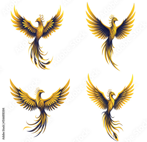 Elegant Golden Phoenix Logo Set – Fantasy Firebird Tattoo Art, Mythical Flying Bird Icons, Symbol of Rebirth, Luxury Flame Vector Design