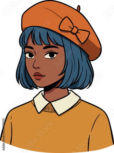 Young woman with blue hair wearing orange beret and sweater vector illustration 