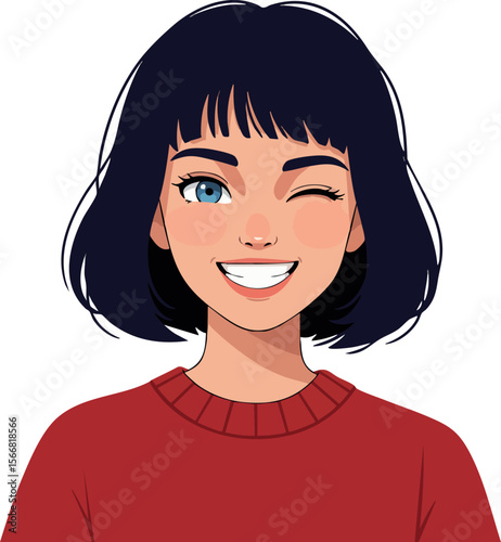 Young woman with black hair winking wearing red sweater smiling cheerful vector illustration 