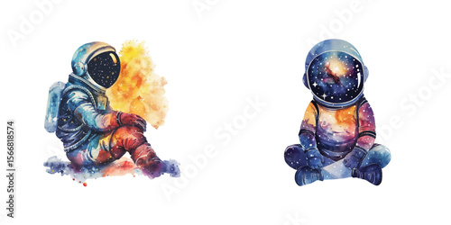 silhouette astronaut with galaxy scene inside watercolor vector illustration