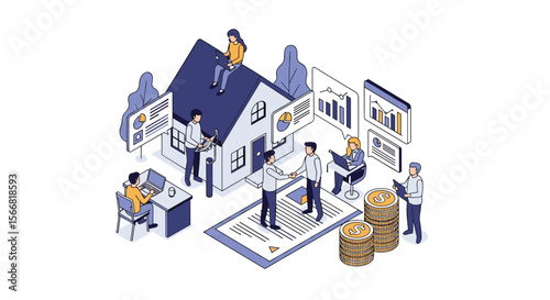 Business professionals collaborating on a real estate project analyzing financial data and making important decisions together