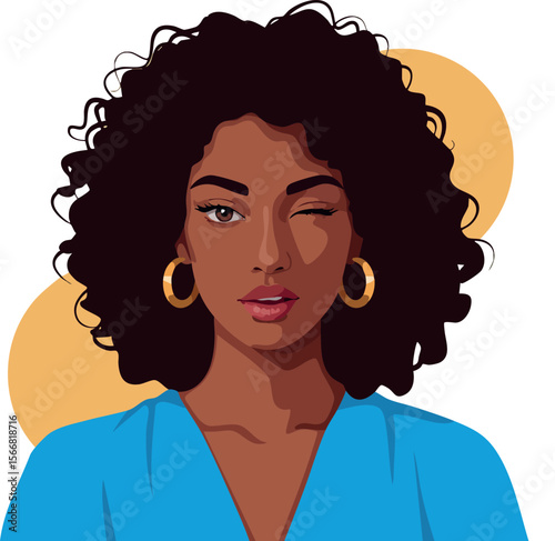 Woman with curly hair wearing blue shirt and gold hoop earrings winking vector illustration 