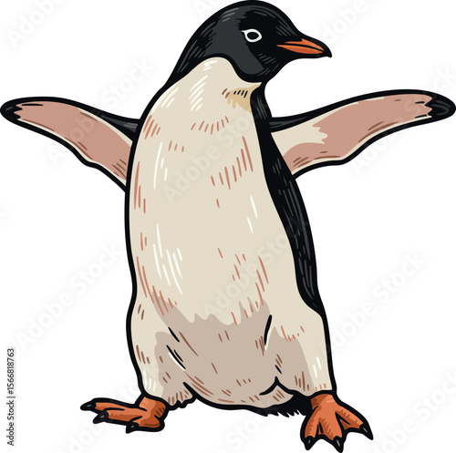 Penguin spreading wings isolated on white background cartoon style vector illustration 