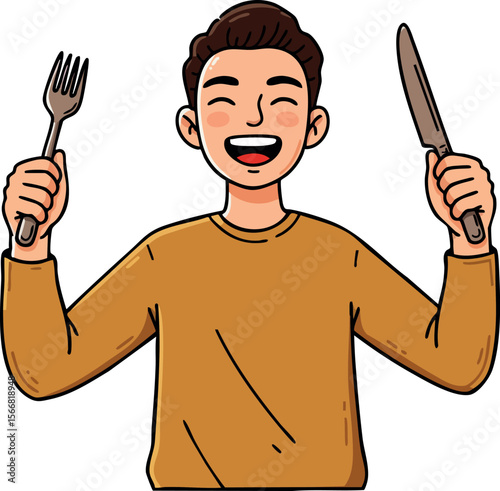 Happy young man holding fork and knife ready to eat meal vector illustration 