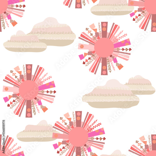Sun Seamless Pattern. Vector Template.