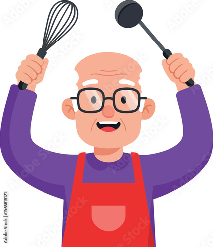 Elderly man cooking with whisk and ladle in kitchen apron vector illustration 