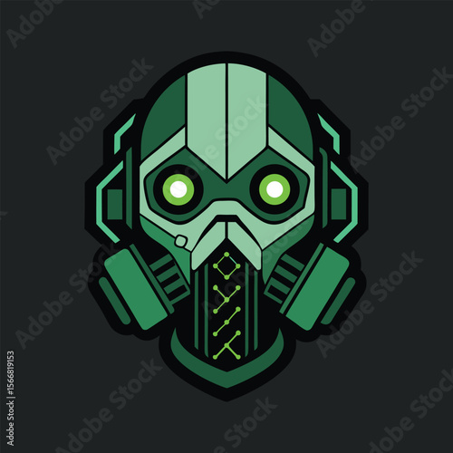 Cyberpunk gas mask illustration with futuristic circuit board texture, neon glow lines, techwear style, sci-fi dystopian protective gear art