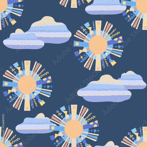 Sun Seamless Pattern. Vector Template.