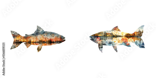 silhouette char fish with lake scene inside watercolor vector illustration