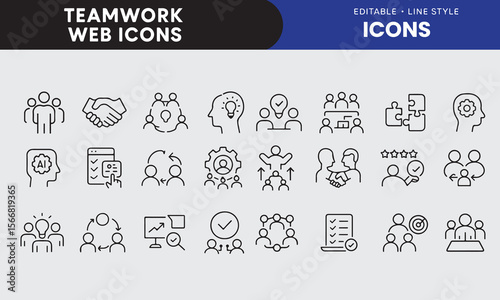 Teamwork - Thin line vector icon set. Pixel perfect. Editable stroke. For Mobile and Web. The set contains icons: Teamwork, Community, People, Business, Cooperation, Partnership - Teamwork, Organizati