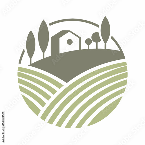 Minimal Farmhouse Landscape Vector Icon.