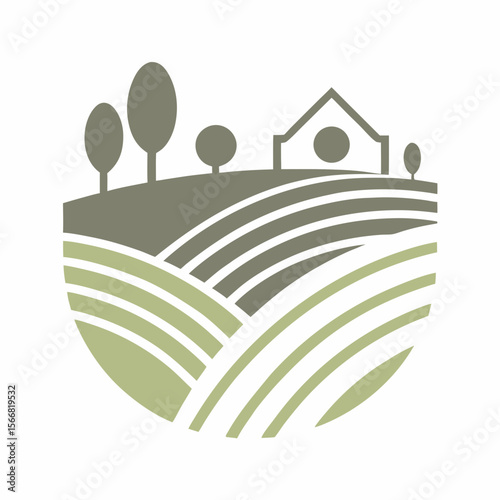 Minimal Farmhouse Landscape Vector Icon.