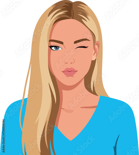 Blonde Woman Winking Wearing Blue Shirt Vector Illustration with Long Hair and Facial Expression 