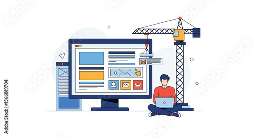 A developer building an engaging website with a crane constructing elements for a modern user interface